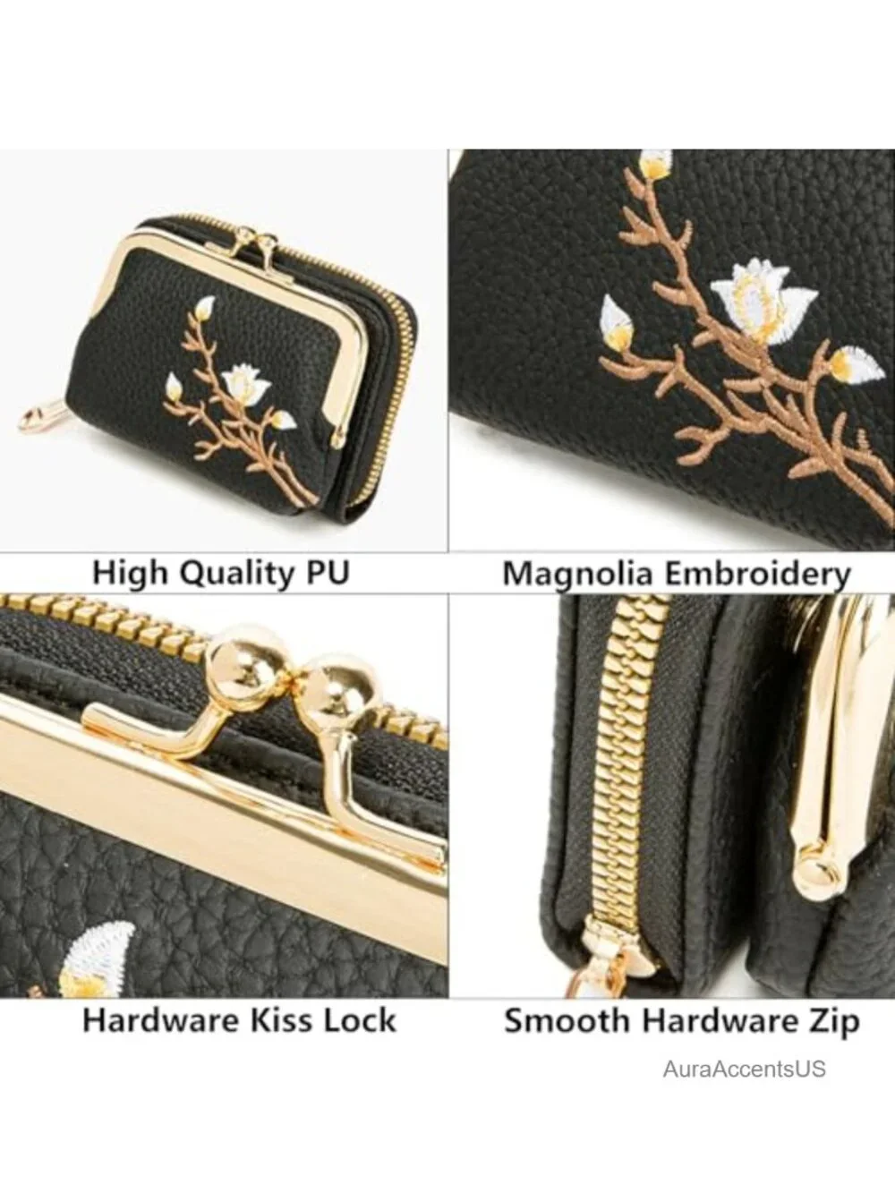 Women's 2-in-1 Card Holder & Coin Purse with Kiss-Lock, PU Leather Wallet